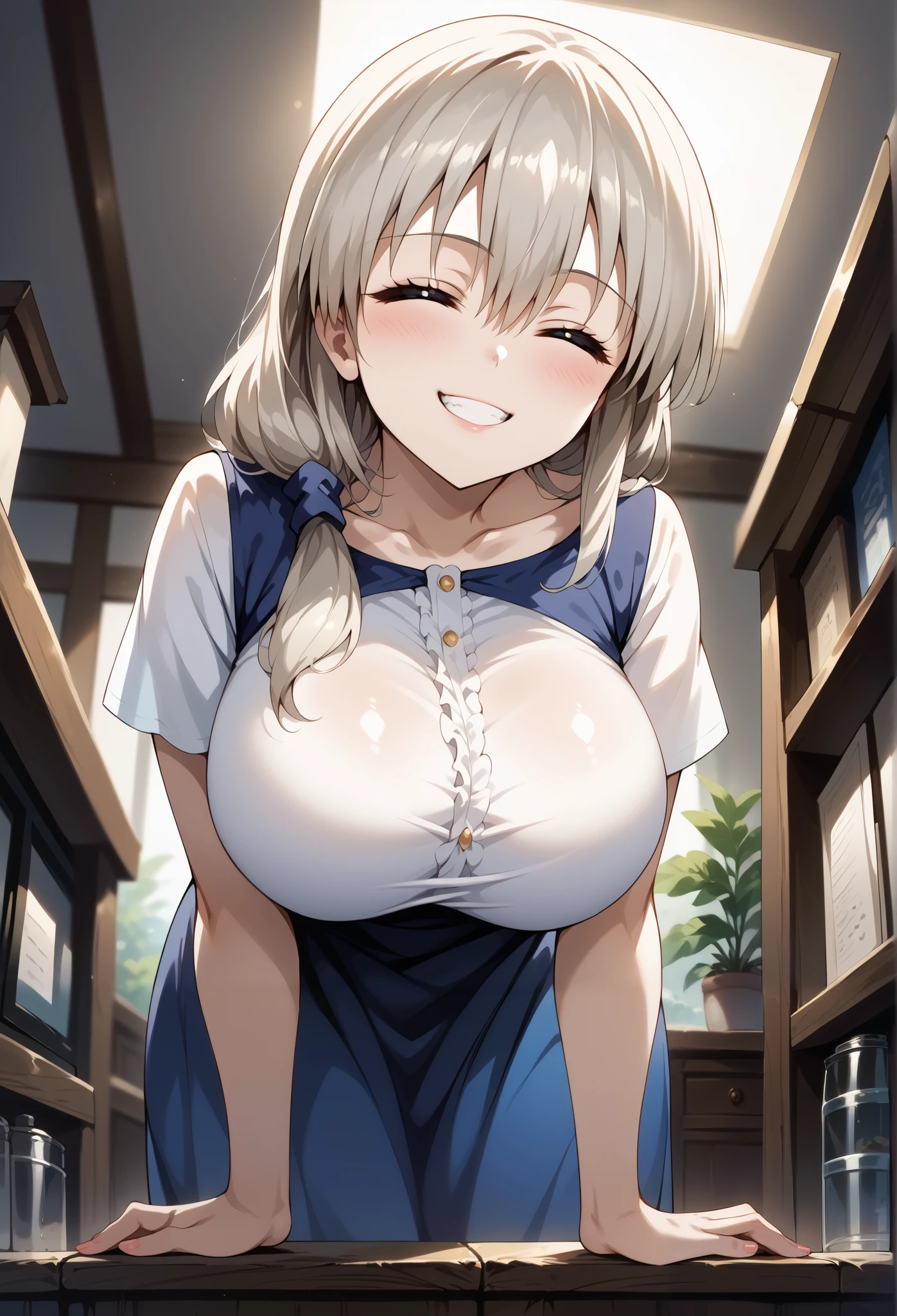 score_9, score_8_up, score_7_up, source_anime, 4K,perfect fingers,(perfect hands, perfect anatomy),prefect lighting, very aesthetic, intricate details,highly detailed background, masterpiece, high quality, best quality,
1girl,solo,Uzaki Tsuki \(Uzaki-chan wa Asobitai!\),Uzaki_Tsuki,tied hair,bangs,hair between eyes,closed eyes,huge chest, ((large breast:1.5)),
wearing ((casual dress,frills,ornate clothing, )),,
looking at viewer, depth of field, looking at the audience, a little smile, pov, noon, ((low angle view)), ((leaning forward:1.5)),