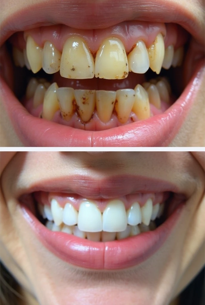A photo of a mouth with a restored tooth before and after a cavity lesion 