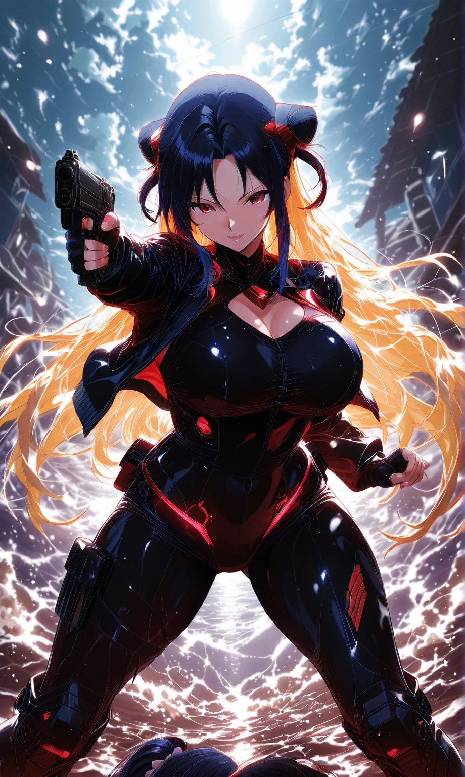 最high quality、Best image quality、masterpiece、girl((Age 25、 By becoming、Best Bust、Medium Bust,Wide open breast tea、Red glowing eyes,Black hear、Red Mesh、Disheveled Hair、Lointail、thin,The highest valley、Open chest、Luminous Wristbands、hair ornaments、Show the whole body,Black Ninja suite、revolver、scar、Full body scar、Fighting Pose)),high quality、Beautiful art、background((night,ninja word))、Flight、Flying debris、Written boundary depth、movie、Visual Arts、Perfect art、8K,Genuine,