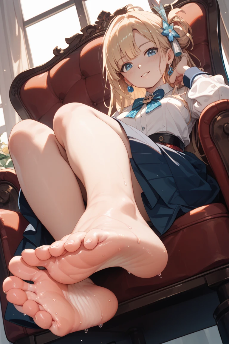 Nasida，Sitting on the beach，Ten-year-old loli image，Voluptuous body type，light  smile，exposing your navel，Sexy bikini，Metal anklet, feet posing, mid view from below her feet, exposed toes, very close up foot shot, very close up foot pov shot, low view, Sexy feet, detailed foot pov, The barefoot, Feet, feet and hands, high soles, happy toes
