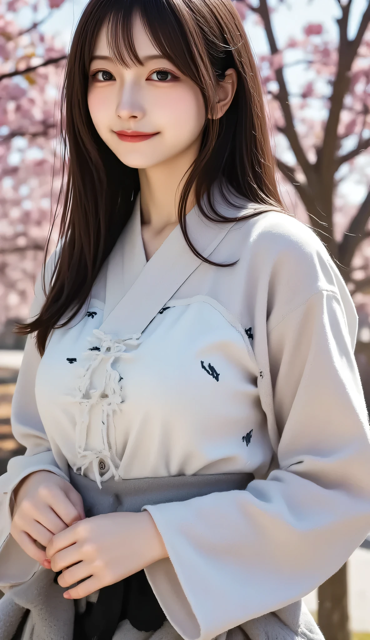 Japanese woman、20th Generation、 University Graduation Ceremony 、Hakama with arrow pattern、Cherry blossom trees、cherry blossoms fluttering in the wind、University auditorium in the background、I'm holding my diploma with both hands、black hair、long hair、hair fluttering in the wind、holding down fluttering hair softly with hands、looking up at the sky a little、high definition、high resolution、Portrait Photography、photo quality、real、cute、masterpiece, anatomically correct, 最high quality DVD, high detail, high quality DVD, 超high definition, textured skin, smiles, Aperture F2.8, full body view