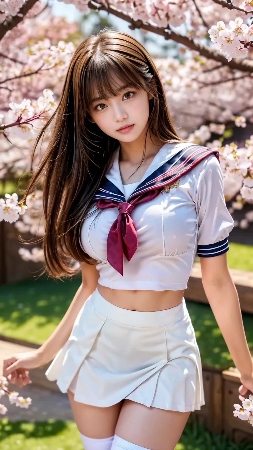 1 girl, (highly detailed eyes, highly detailed face), Search Smile, (sailor suit), chest, belly button, panties, (highest quality:1.4), RAW photo, (surreal), (realistic:1.4), professional photography, cinematic light, Cherry tree, spring, sunny, Depth of bounds written,