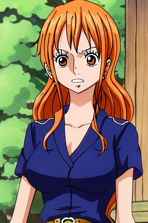 (ANIME ART STYLE) nami (ONE PIECE), with orange long hair, brown eyes, wearing wano clothes, ( wano arc ) blush face, sitting, down blouse.