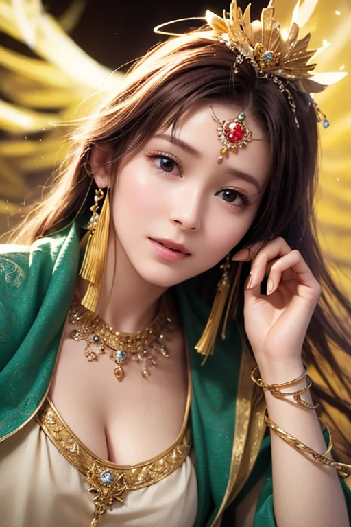 (((Royal palace decorated with intricate patterns and symbols of authority in an ancient castle at night)))、(((On a majestic jade throne々Sit together:1.3)))、A smile that makes people happy、A gothic dress featuring intricate lace details and vibrant colors...、((((Vivid and gorgeous mythical creature cosplay gothic dress)))、(The night is lit by a single candle:1.3), Cute round face,(((Two-tone brown and burgundy hair)))、Blushing,Pointed red mouth,Big Breasts,Accentuate your breasts,Perfect body curves,Beautiful clavicle、Detailed clothing features,Detailed hair features,Detailed facial features,Looking into the camera,(Dynamic Angle),(Dynamic and sexy pose),Cinematic Light,(masterpiece,Highest quality,Ultra-high resolution output images,Written boundary depth,Intricate details,The contrast of light and shadow、The subject appears three-dimensional,) ,Digital Illustration,Single-lens reflex camera, (Realistic:1.3),(8K quality,Anatomically correct facial structure,),(Picture Mode Ultra HD,)