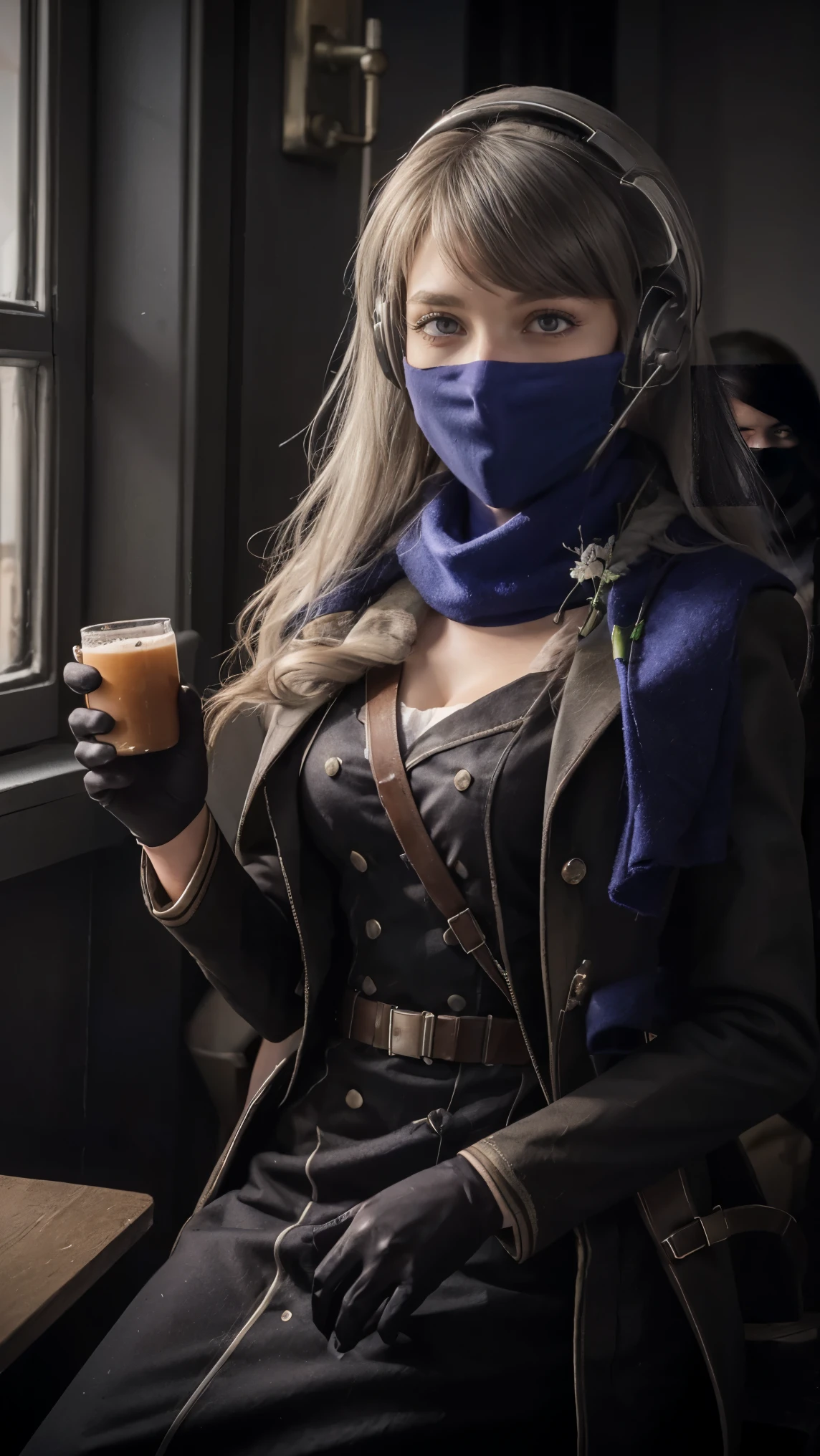 masterpiece, best quality, 1girl, solo, Bkornblume, headphones, solo, blue scarfs, coat, pussy, meeting someone, interrogation, black dress, black gloves, grey hair, holding gun, black coat dress, long sleeves, gloves, blushing, cafe, smile, full body, information, german face, boots, sitting, opened breasts, die stasi spy, cafe background, pantyhose, heels, holsters, buttons, knee, Street, Germany, breasts, blue stocking, bkornblume, using cellphone telephone, pubs, stasi, indoor, giving information intelligence, confidential document papers, (((face close-up)), (blue neck blue mask)