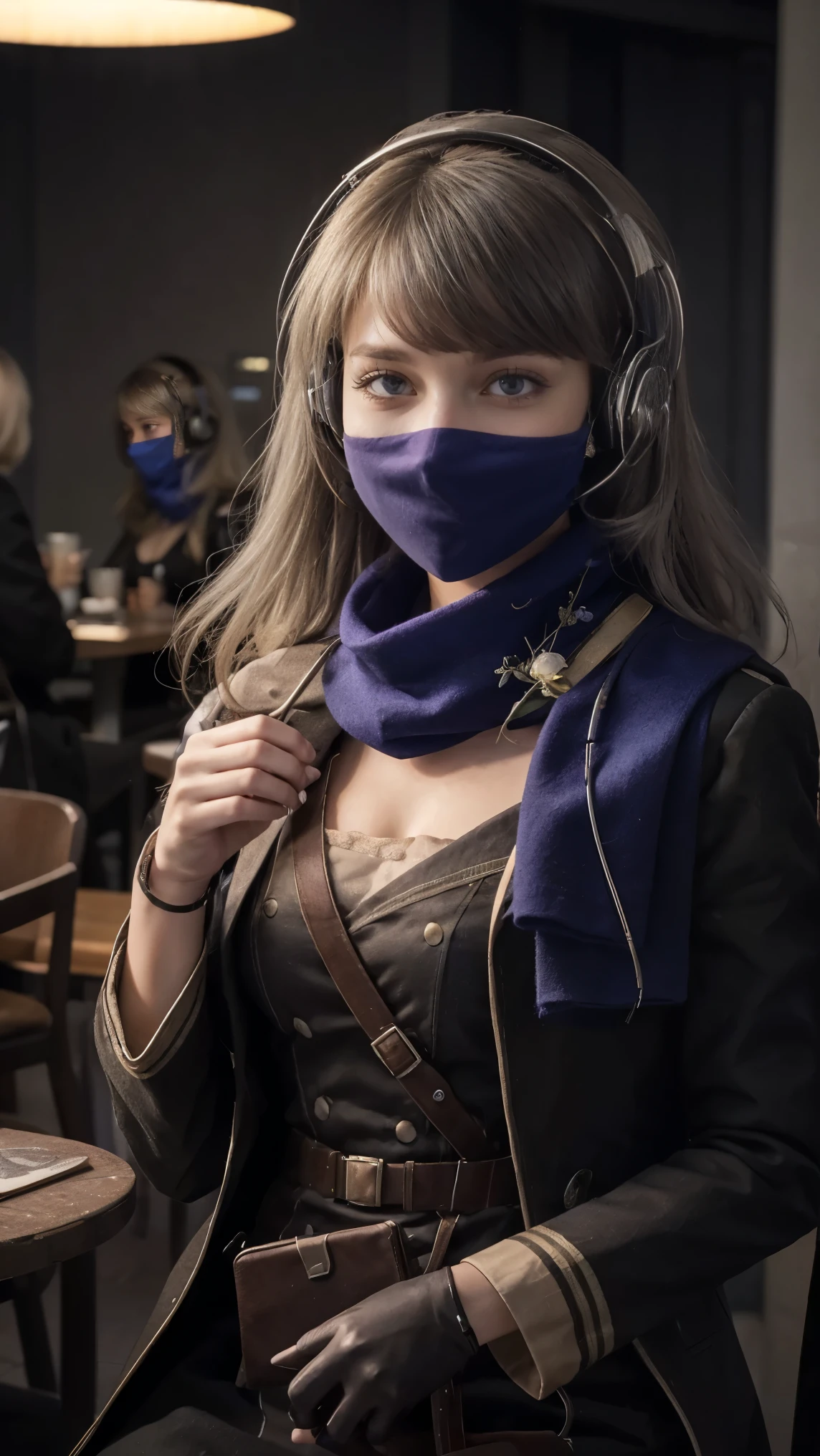 masterpiece, best quality, 1girl, solo, Bkornblume, headphones, solo, blue scarfs, coat, pussy, meeting someone, interrogation, black dress, black gloves, grey hair, holding gun, black coat dress, long sleeves, gloves, blushing, cafe, smile, full body, information, german face, boots, sitting, opened breasts, die stasi spy, cafe background, pantyhose, heels, holsters, buttons, knee, Street, Germany, breasts, blue stocking, bkornblume, using cellphone telephone, pubs, stasi, indoor, giving information intelligence, confidential document papers, (((face close-up)), (blue neck blue mask)