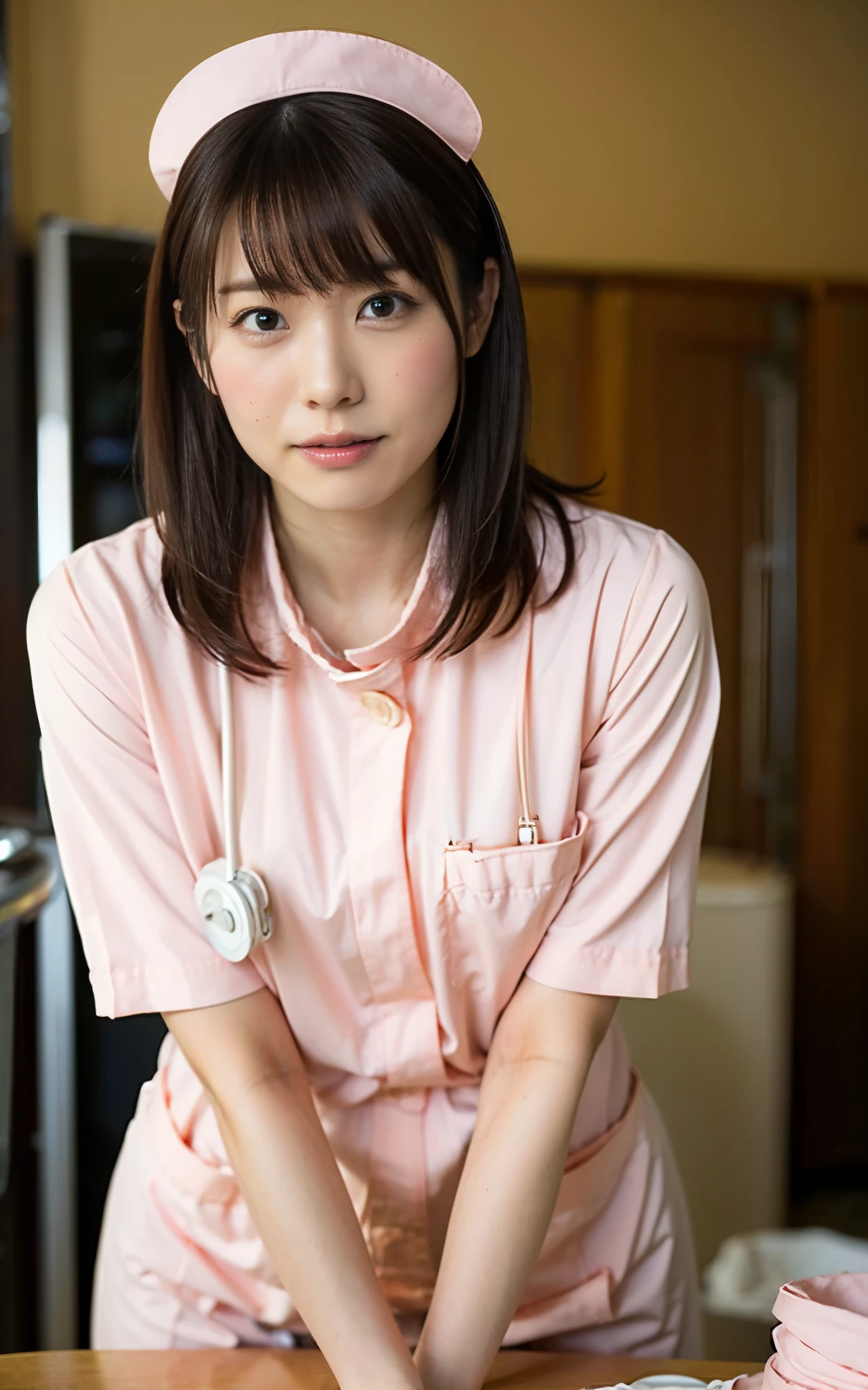 , masterpiece、 ultra high definition、 exists、 (( Beautiful wife:1.6)), Floral light shirt 、 cleaning the living room, high resolution face 、 detailed face、Detailed flat chest、 small breasts、 swollen nipples、 fine skin、Detailed genital shapes、 upper body、 sitting cross-legged in the correct posture, ( nurse:1.5), pictures, Darkness, short bob, flowing bangs , big blonde face, Fuller lips, Actress makeup, mischievous expression , An explosion of discontent, I want you to touch me