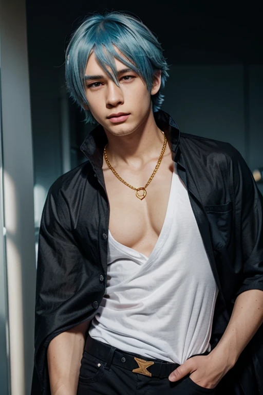 score_9, score_8_up, score_7_up, source_manhwa hentai, best quality, clean face, Lee Ho-seok, man, blue hair with white streaks, blue eyes, long hair, big breasts, perfect body, looking at viewer, sexy expression, sexy jockstrap , provocative clothing, in a crowded concert hall, standing, acoustic angle, from behind, big ass, low angle, kpop ear microphone