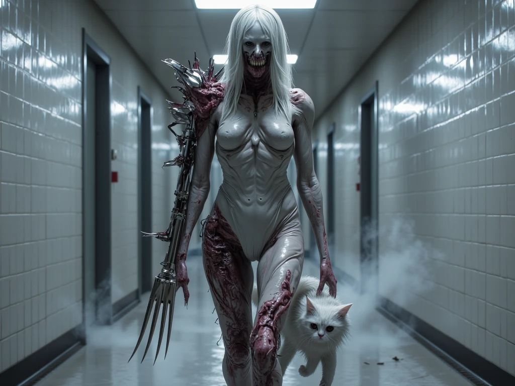 Ultra-realistic, alien and human encounter, grandma fights to the death, pops out with heavy bleeding, red internal organs and brain splatter, high quality, 8K, 32K, F1.8