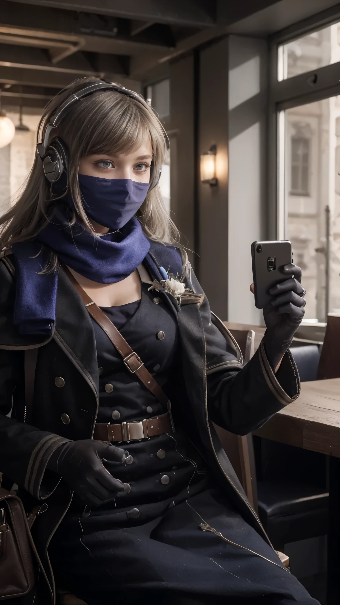 masterpiece, best quality, 1girl, solo, Bkornblume, headphones, solo, blue scarfs, coat, pussy, meeting someone, interrogation, black dress, black gloves, grey hair, holding gun, black coat dress, long sleeves, gloves, blushing, cafe, smile, full body, information, german face, boots, sitting, opened breasts, die stasi spy, cafe background, pantyhose, heels, holsters, buttons, knee, Street, Germany, breasts, blue stocking, bkornblume, using cellphone telephone, pubs, stasi, indoor, giving information intelligence, confidential document papers, (((face close-up)), (blue neck blue mask)