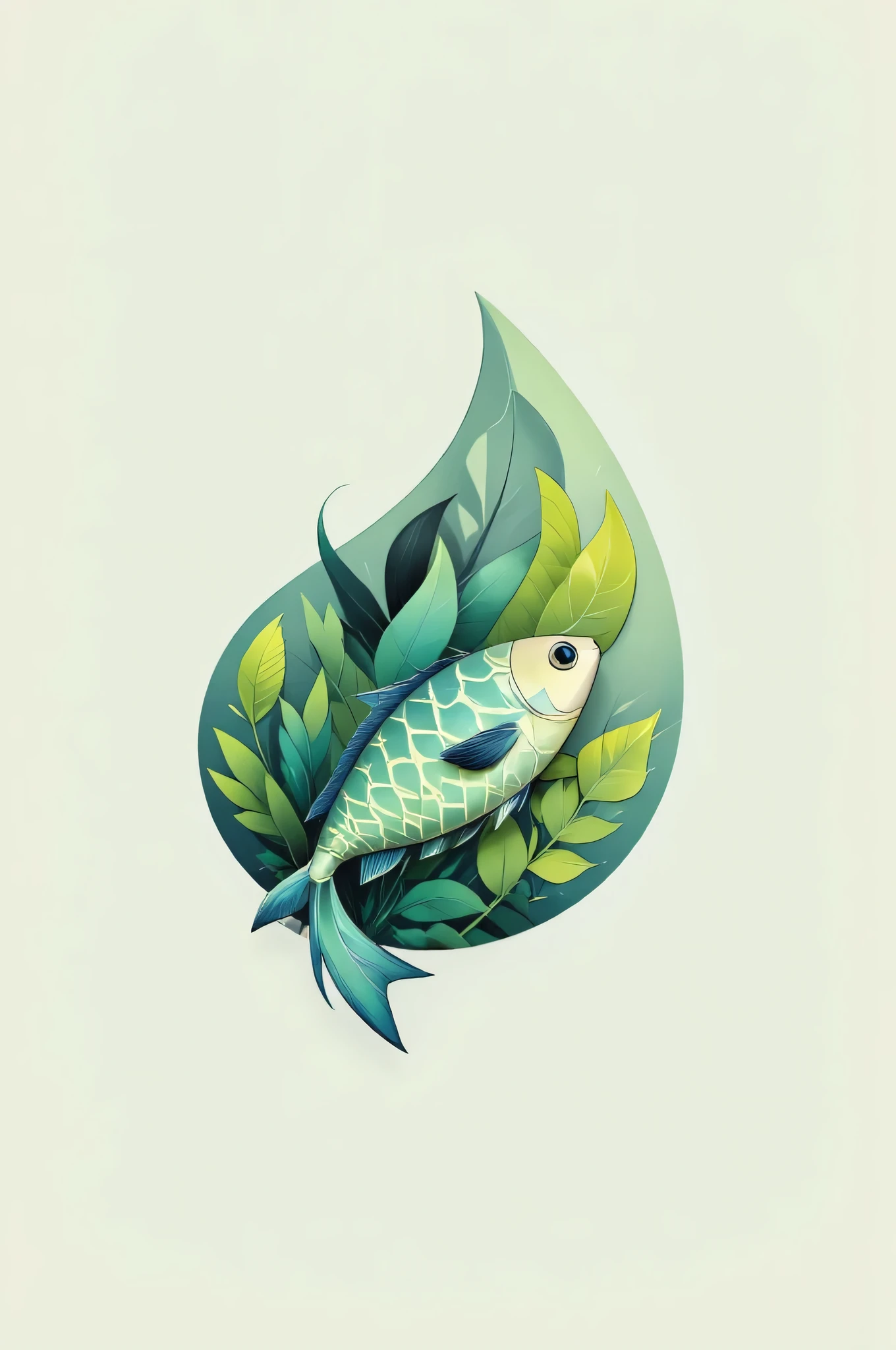 Logo high resolution,  Fish and leaves are a fusion pop, cute and colorful