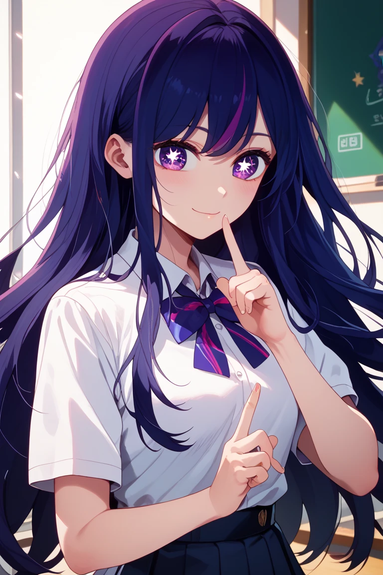 (Incredibly ridiculous absolute resolution:1.5)、(supreme: 1.5)、(top-quality: 1.5)、hight resolution、1 girl in、Purple hair、Classroom、Fluttering hair、Longhaire、blue eyess、Pentagram in the eye、radiant eyes、finely eye、JK school uniform、skirt by the、super short skirt、独奏、Navel、cunt、sit on desk、Spread your legs apart、Vulgar sitting、Sunlight shines through the window、a navel、white shirt、A smile、Colossal tits、Lifting the skirt with your hands、Flip the skirt、I see underwear、Transparent illustration、Anime Touch
