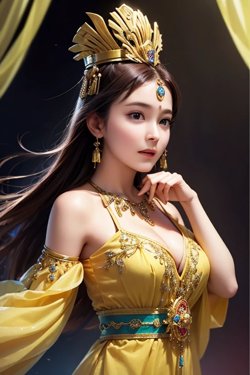 tmasterpiece,Best quality,A high resolution,8K,(Portrait),Head close-up,Original photo,digital photography,(Nu Wa in Chinese mythology),(The mythical female image of the human body),(Women in the ancient fantasy style),black color hair,A plump chest,Fairy fluttering antique trench dress,luxury decorations,Keep your mouth shut,Elegant and noble,Serious and indifferent,Eight trigrams,art for the game,A style that combines ancient times and the future,There are Bagua patterns in Chinese colors in the background,oc render reflection texture