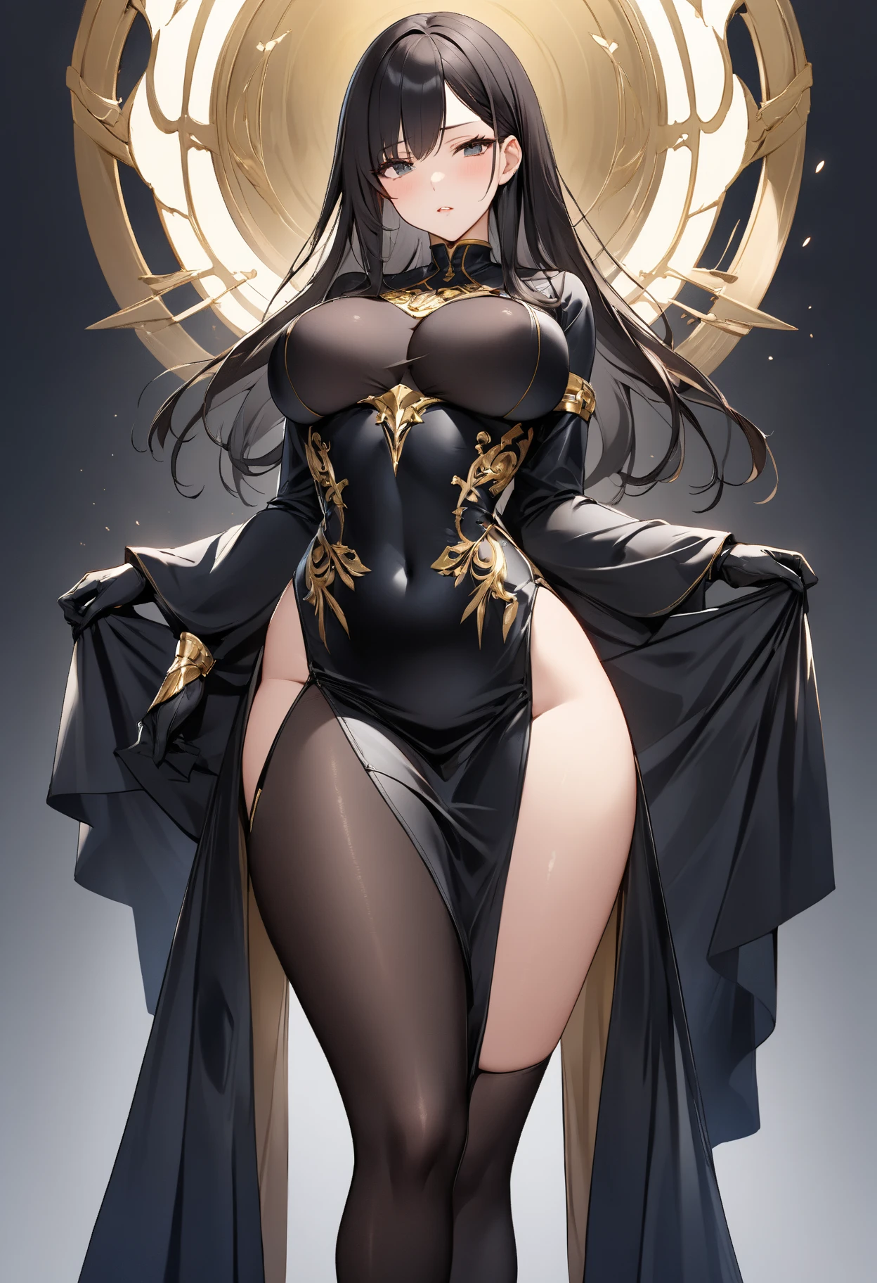 Woman, Black hair, gold highlights, black cat ears, wearing white banded blindfold with gold details, thick, black robe, shoulder-less sleeves, gold details, tall, playful, black fox tail, gold pike with black details, playful expression, wearing black robe, fox markings on face, black thigh-highs with gold details, black skirt with gold details, wearing a non-revealing black robe, wearing gold accessories, smug, gold ear fluff, semi-fluffy clothing, white blindfolded, eyes not visible, ((forehead covered by blindfold))