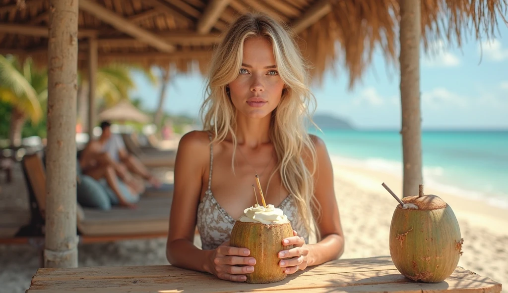 blonde woman drinking coffee on a hawaiian beach in the morning