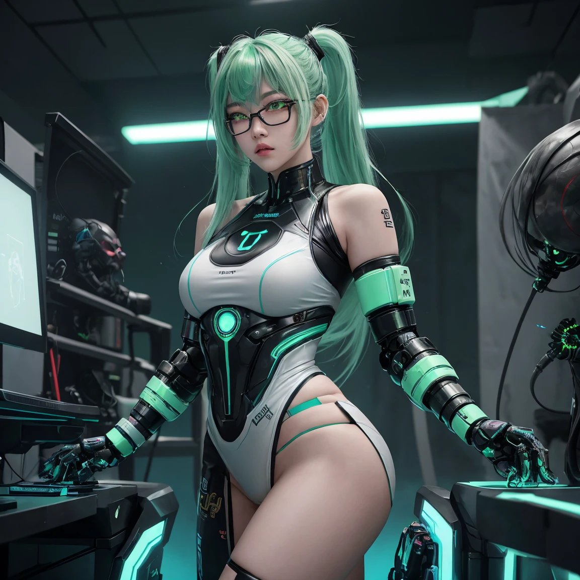 (Best Quality), ((masutepiece), (detail: 1.4), 3D, A Beautiful Cyberpunk Woman, nffsw (High dynamic range), Ray tracing, NVIDIA RTX, Hyper-Resolution, Unreal 5, Subsurface scattering, PBR Textures, Post-processing, Anisotropy Filtering, depth of fields, Maximum Sharpness and Clarity, Multilayer Texture, Albedo and Highlight Maps, Surface Shading, Accurate simulation of light-material interactions, fully body photo, perfectly proportions, Octane Render, Two-color light, Large aperture, Monitor room、Cyber Room、Green Laser Light