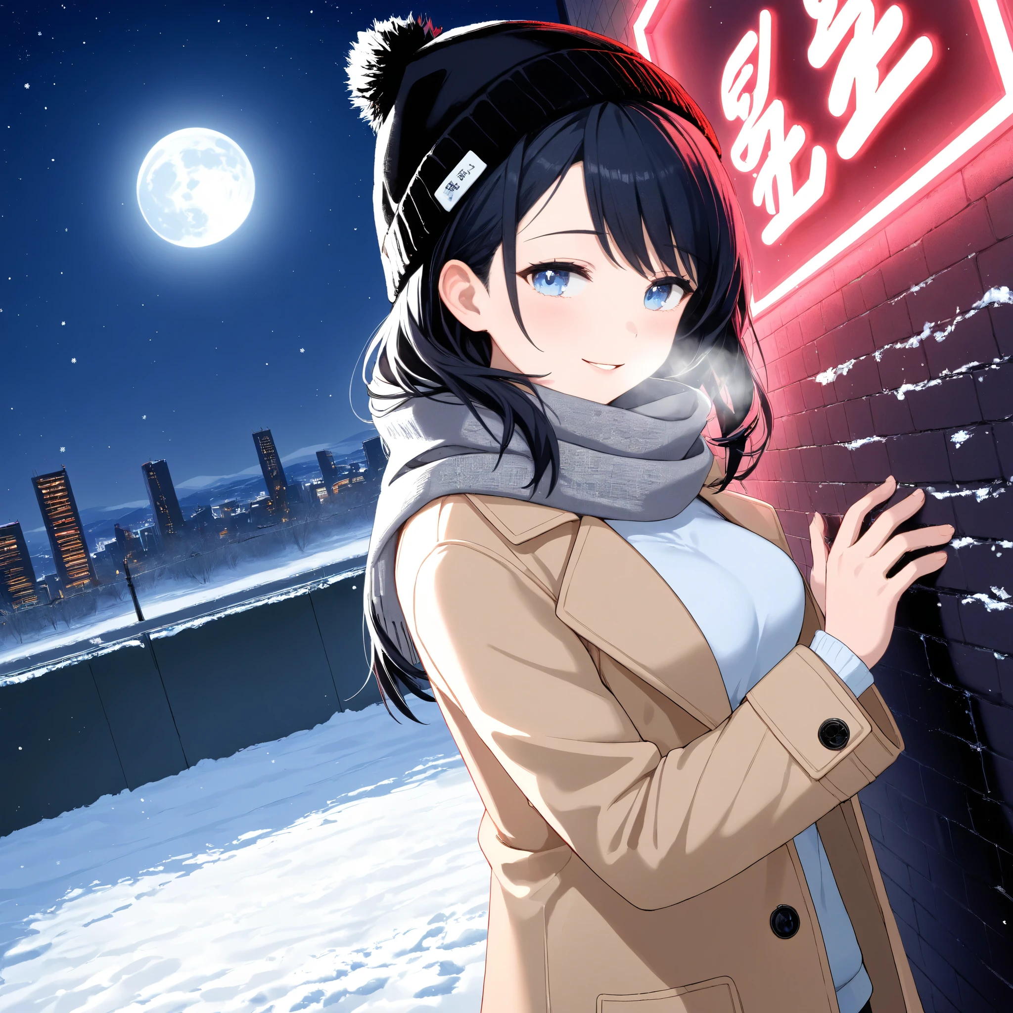 1girl, visual novel, dutch angle,, light blue eyes, black hair, light smile, parted lips, winter, snow, city, hokkaido, red neon lights, night, moonlight, moon, black beanie, beige overcoat, (long hair, medium hair), swept bangs, grey scarf, visible breath, head tilt, looking at viewer, wall, next to wall, against wall, back against wall, beautiful, tsurime, (toned:1.1), light particles, medium breasts, from side,