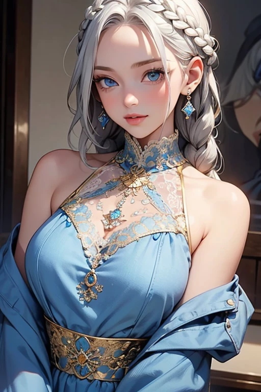 Silver-haired woman、bust、white skinned、The left and right eyes are symmetrical、delicate eyes、sparkling sky blue eyes、golden hair accessories、Mosaic pattern background、spotlight、high contrast、eye-catching shadow、Detailed shadows、Perfect workmanship、Masterpiece、top quality、Top image quality,Naked trench (huge breasts:1.2),wet skin((rogue))Cool atmosphere