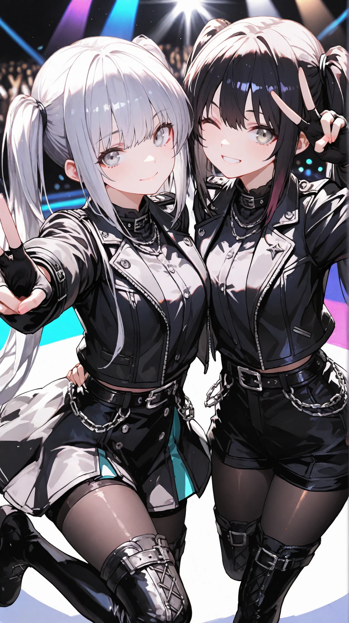 2girls,(BRAKE the first girl: twintails, silver hair,silver eyes),(BRAKE the second girl: long hair,black hair,silver eyes),(EyesHD:1.2), masterpiece, best quality, ultra-detailed, very aesthetic, sharp focus, depth of field, vibrant colors, ray tracing, best lighting, detailed illustration, detailed background, cinematic,look at viewer, from above, ,black shirt, jacket, shirt, long sleeves, belt, black skirt, black jacket, black thigh boots,(black tights), gloves ,fingerless gloves, black shorts, black belt,peace,idol,wink,smile,leg up