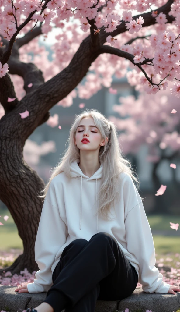 ((realistic, top quality without window, highest resolution, 8k)), ((accurate , accurate body, accurate hands, Accurate feet)), full body photo, Russian beauty with lovely big , silver hair, Long waist-length ponytail hair, silver eyes, red lips, pale skin, clean skin,  white hoodie,  black long pants, black shoes, large cherry blossom tree, I'm sitting with my back to a cherry blossom tree, She's closing her eyes,  Relaxed expression , Relaxed expression , Cherry blossom petals are blowing