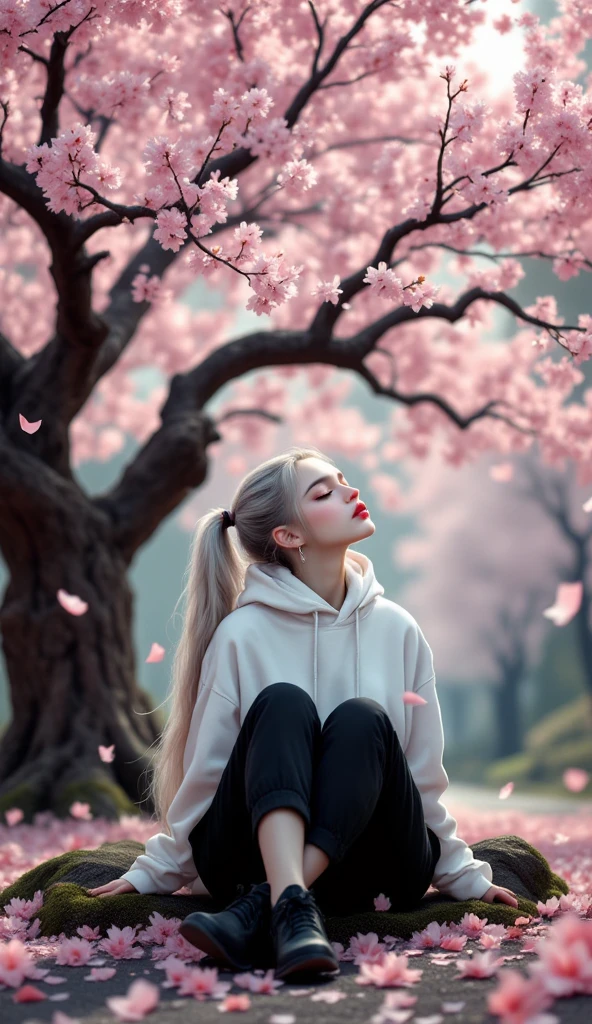 ((realistic, top quality without window, highest resolution, 8k)), ((accurate , accurate body, accurate hands, Accurate feet)), full body photo, Russian beauty with lovely big , silver hair, Long waist-length ponytail hair, silver eyes, red lips, pale skin, clean skin,  white hoodie,  black long pants, black shoes, large cherry blossom tree, I'm sitting with my back to a cherry blossom tree, She's closing her eyes,  Relaxed expression , Relaxed expression , Cherry blossom petals are blowing