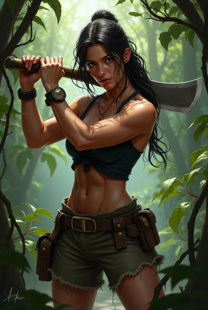 "bandit in middle age" + "alone in the forest" + "White" + "Long Black Hair" + "Orange Eyes" + "Small Nose" + "Siren Eyes" + "Thick Bottom Lip" "Thick Bottom Lip" + " Thin Top Lip", "Slender" + "Hourglass Body" + "medium breasts" + "C Cup 32" + "Round butt" + "fit figure" + " wild looking woman" + " ragged tube top which barely covers her breasts and reveals her midriff" + " dirty rags wrapping on her arms" + "Tattered skirt covering her bottom" + "carrying an axe"