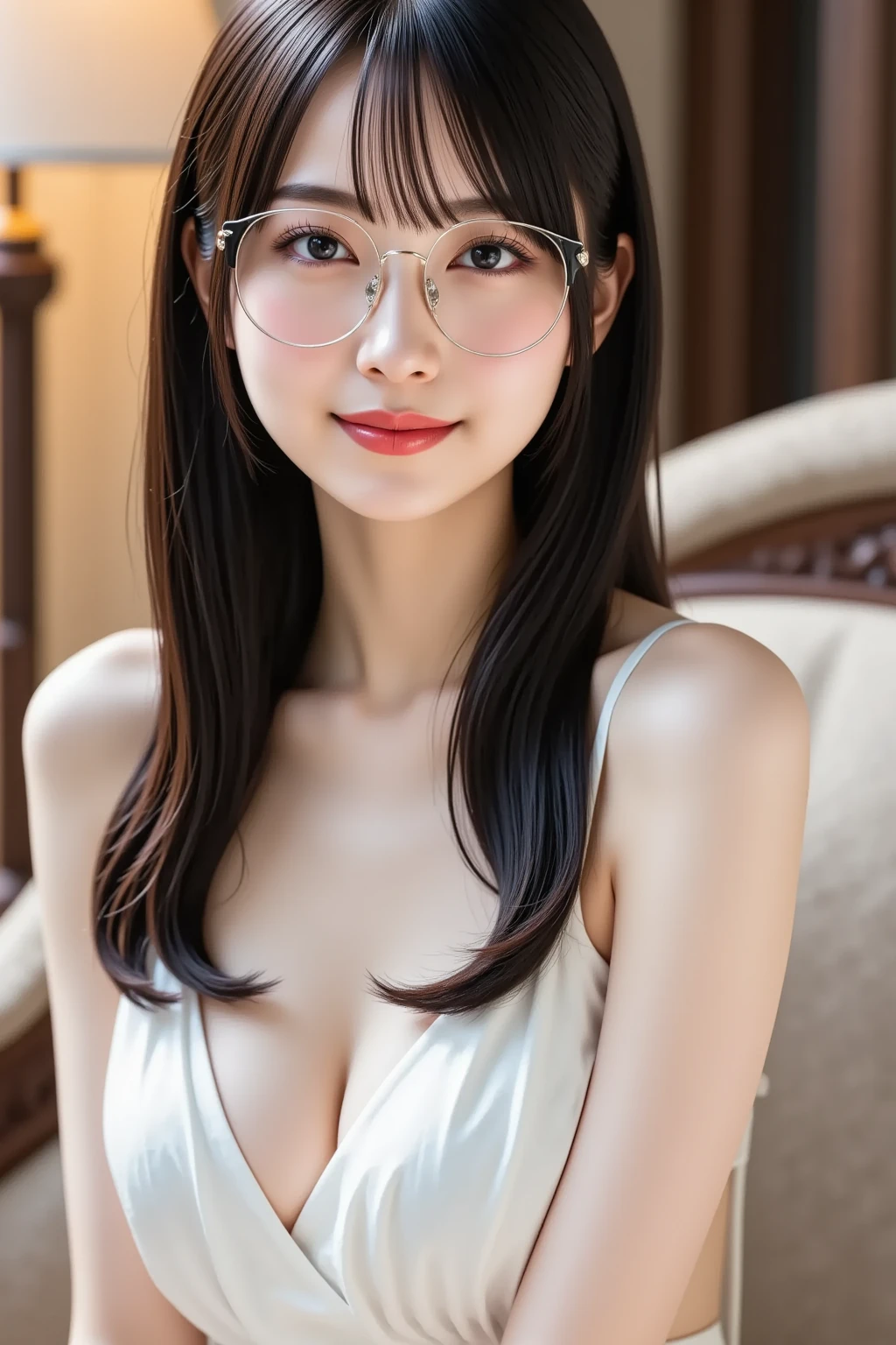 8k, highest quality, masterpiece, realistic, Photoreal, super detailed, Natural light, well-shaped chest, I can see the cleavage, 1 person, 35 year old female, black hair, medium length straight hair, silver rim glasses, ((look into the viewer's eyes)), pendant, ((gray knit V-neck shirt)), highly detailed face and skin, detailed eye, highly detailed face and skin