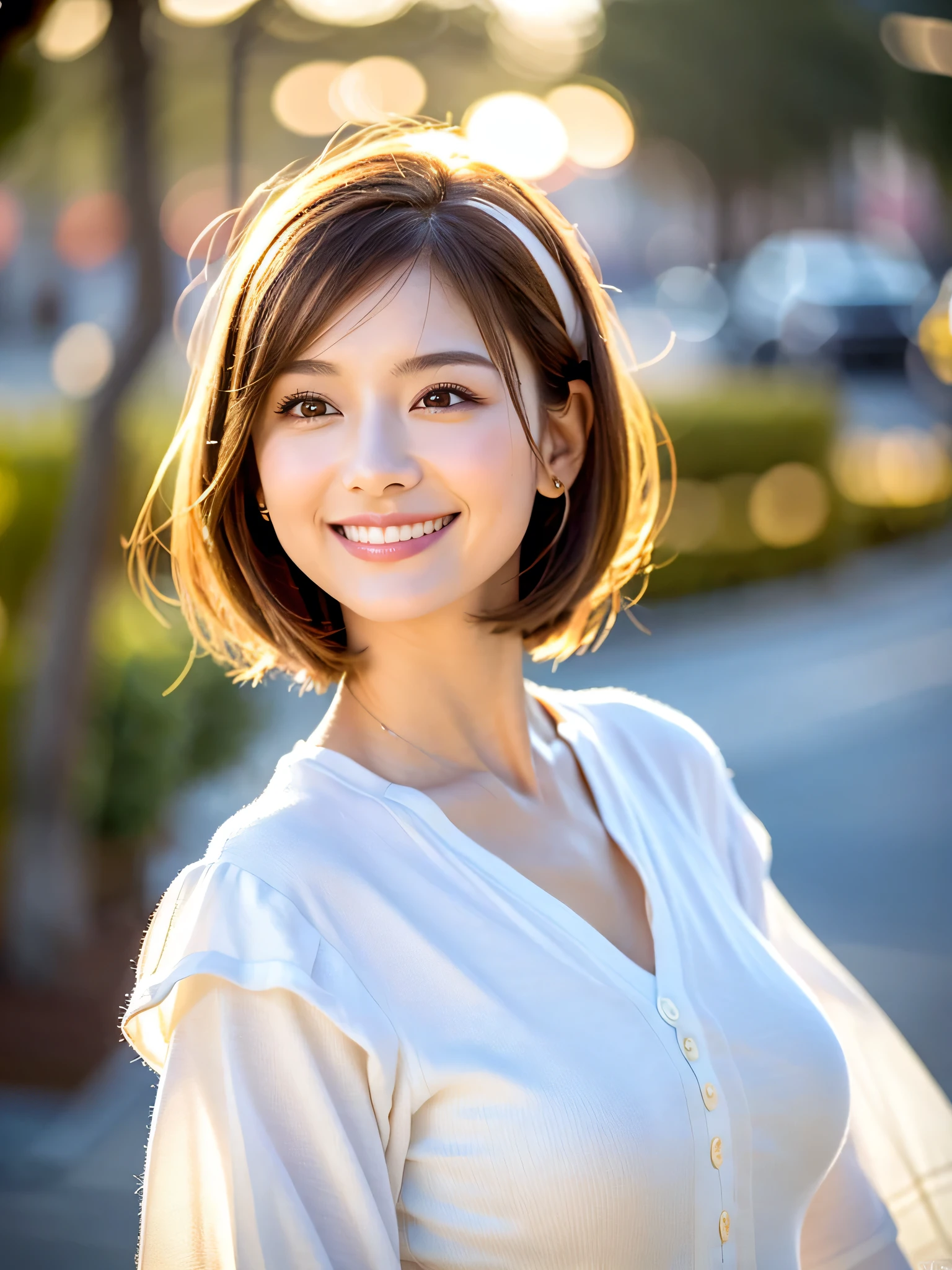 ((masterpiece)), ((Highest quality)), ((Complex)), ((Surreal)), (Realistic), (Mature Woman), ((No classes)), Very detailed, (1 female), Beautiful and exquisite, (Beautiful Teeth), Grin, Brunette bob hair, Brown eyes, ((blouse)), (Upper Body), (background:none), Perfect Eyes, Captivating eyes, Looking at the audience