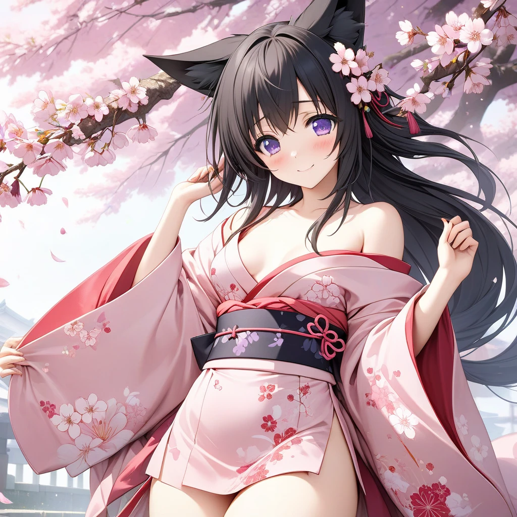 1 girl、alone , greenish black hair、ponytail、big cleavage、fox ears、red eyes、wear glasses、Dark purple kimono、red webbed、light purple long hakama、Cherry blossom pattern haori、Headphones around the neck、Cherry blossom pattern Japanese umbrella、sexy、charm、Wet、face turns red、far shot , full body 、within the territory