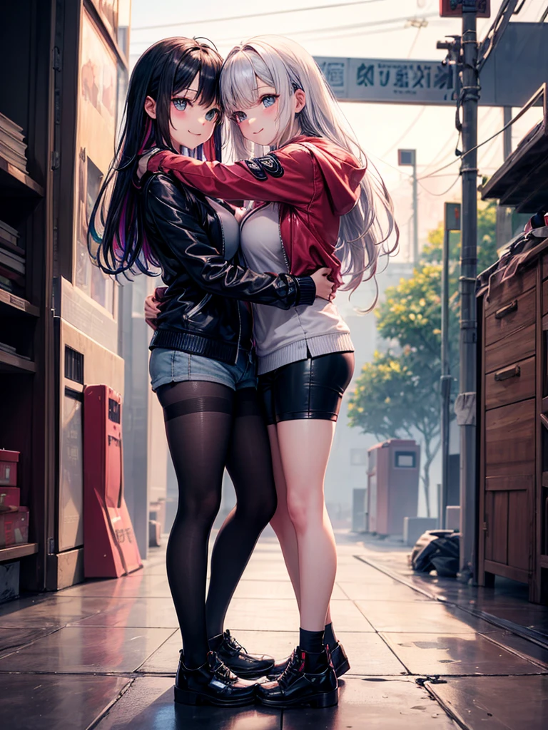 masterpiece, best quality, photorealistic, outdoors, cherry blossoms, night, blurry background, sunlight, depth of field, beautiful lighting, cinematic lighting, street, city lights, falling petals, falling sakura leaves, breeze, wind,
AND yae miko, pink hair, pink eyes, teasing, smug, smirk, head tilted, knee up, necklace, cap, bracelet, skirt, (pencil skirt:1.2), thighhighs, blouse, looking at viewer, sunglasses, stylish hat, glossy skin, walking, sneakers
AND raiden shogun, purple hair, purple eyes, serious, blush, looking at viewer, single braid, shirt, tucked in, necklace, denim, short shorts, sneakers, socks, shirt, long sleeves, long hair, crossed legs, sunglasses, (stylish hat:1.2), glossy skin, walking