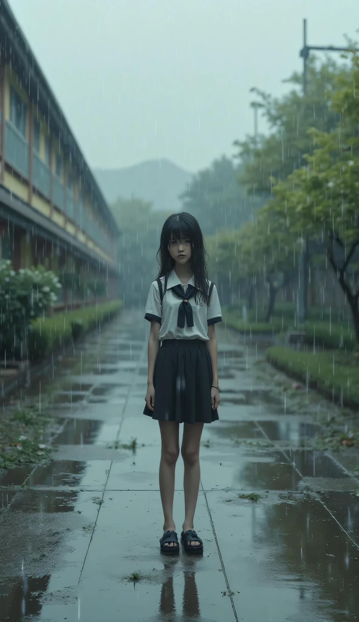 A girl with long hair, wearing her school uniform, carrying a bag and a water bottle, walks out of the school gate, it is raining lightly