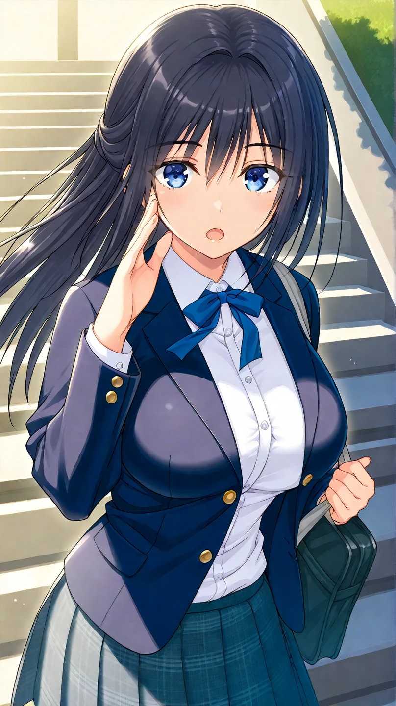 ( masterpiece,  Best Quality:1.2)、schools、 One girl at the back of the stairs, schoolsの学生, black hair, Beautiful Detail-Focused Eyes, Moderately , expressionless , open your mouth, outdoor,wind,  fantasy,  game cg, break,(artists on CL:Mitsumi_Misato),artists on CL: Fujiyama ,artists on CL:Coconoca  , break,(masterpiece), (best quality), (Super Detail),( Detailed Writing), Very Aesthetic, newest, I only looked back at my face