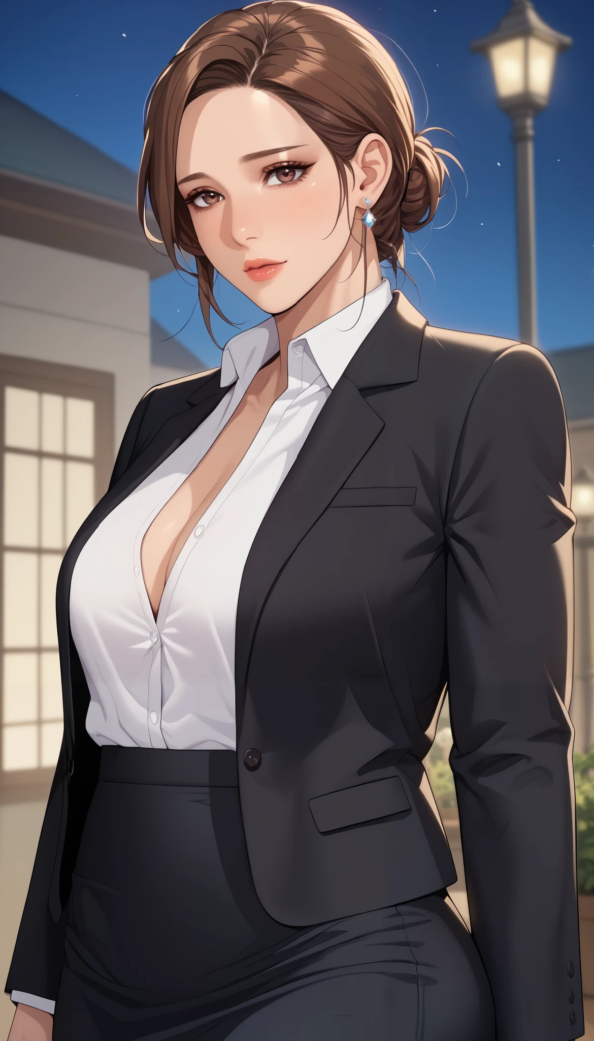 1girl, solo, brown ponytail, open coat, (naked:1.2), (bra, panties) thighhighs, large breasts, crotch, thighs, smiling, (blushing:1.3), bedroom, night