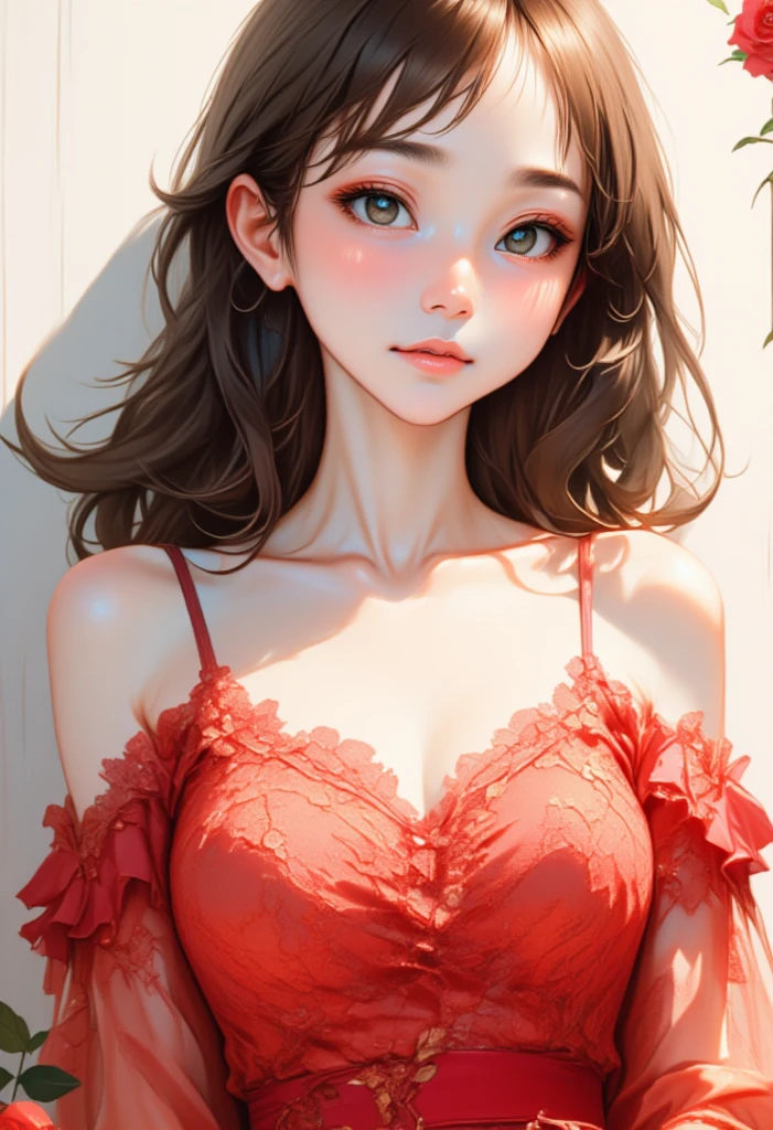 (drooping eyes), ((eyes realistic sizing)), ((round face, smiling)), ((transparent see-through colored lacy capless camisole with flowers pattern)), (nipples, areolas), strong sunlight, closeup breasts, braid, red hair, (mash cardigan), necklace, earrings,