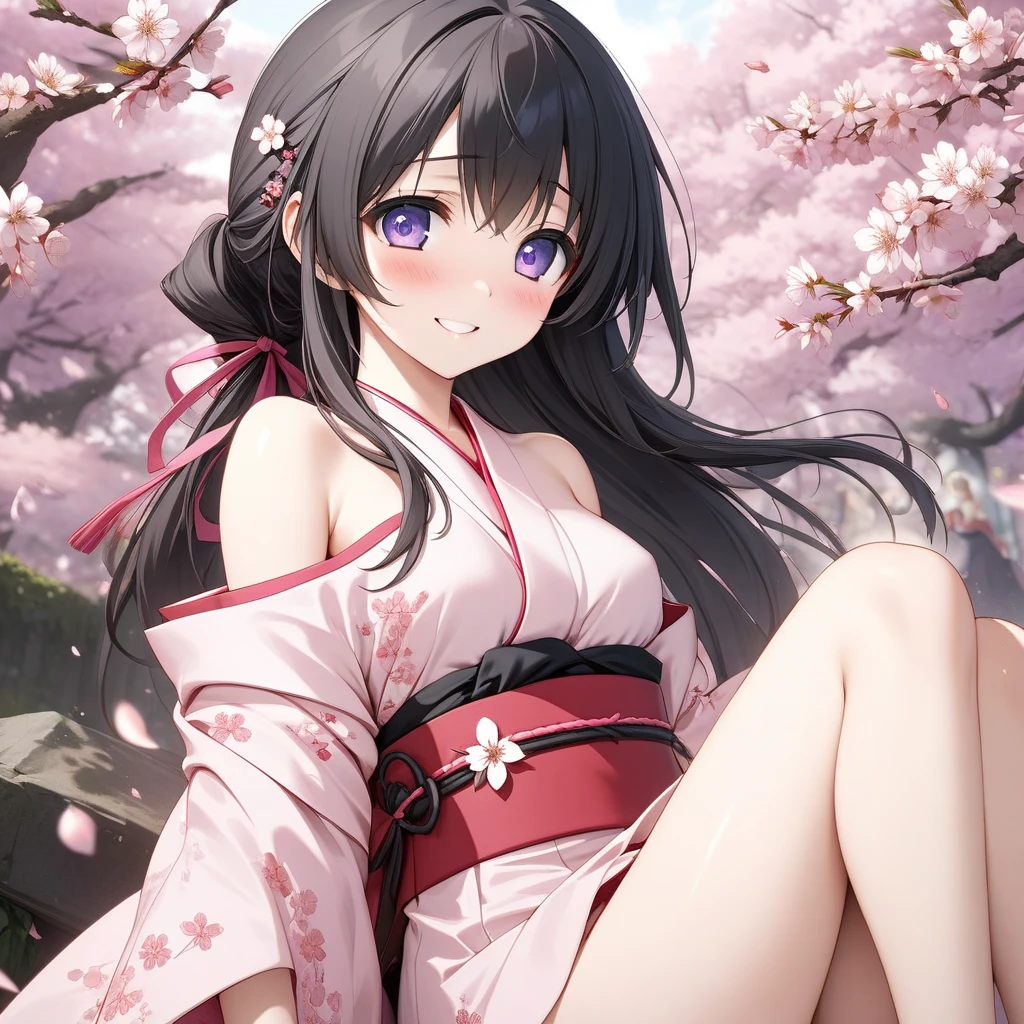 (Super beautiful woman in kimono)、((highest quality、8K masterpiece:1.3))、sharp focus:1.2、(super beautiful face:1.0)、(shiny skin:1.0)、realistic pictures、black hair、video writing、High resolution eyes and face、video writing、japanese actress、from the front、Medium chest、with a happy smile、The beauty of slender abs、whole body、wearing a kimono、cherry blossom in full bloom、luxury obi