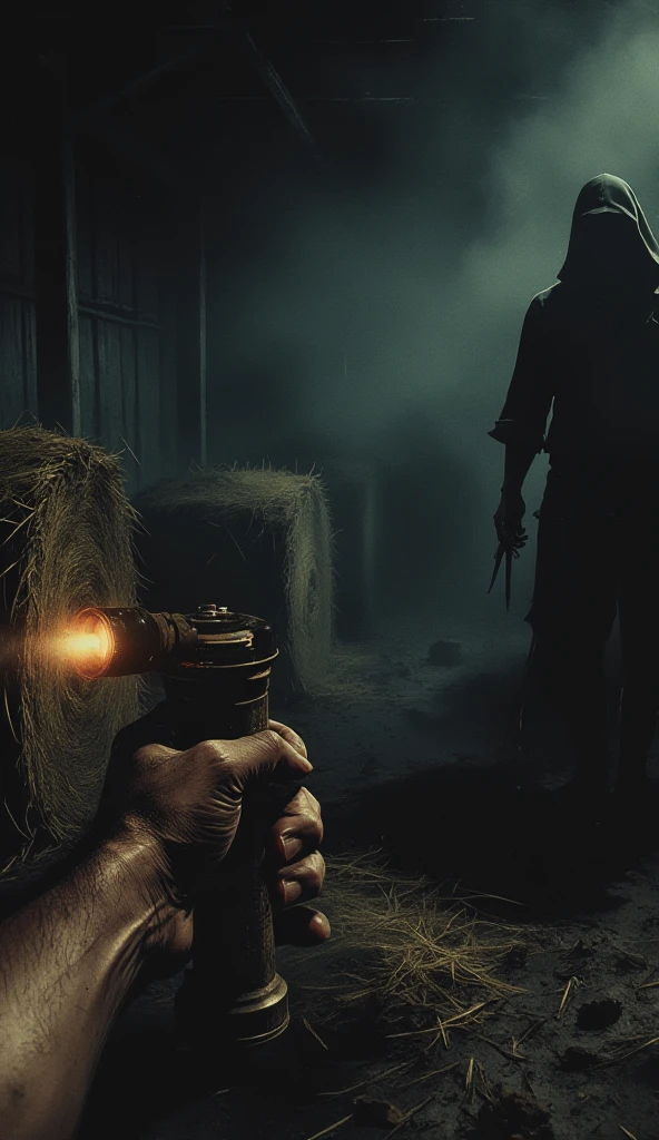 abandoned mansion, first person perspective with a pistol in hand, finds monster With chainsaw on with a cloth on its head