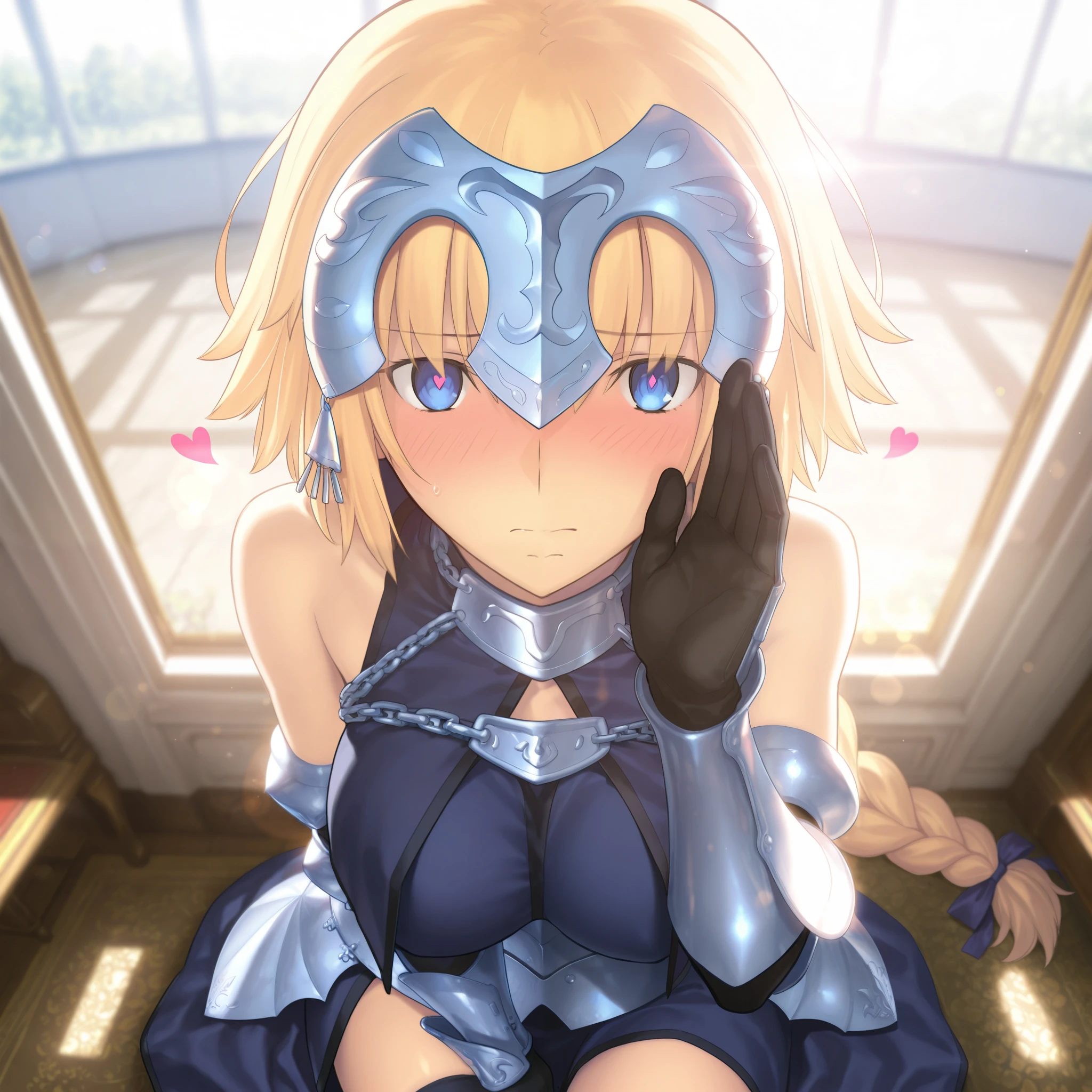 masterpiece, , absurdres, highres, detailed background, high resolution, masterpiece, necessary, detail, best quality, quality, necessary, details, High details, Precise,, backlight, day, indoors, solo, lens flare, blurry background, (upper body shot), from above, ,
 
girl, Takeuchi Takashi (type-moon,fate) style, takeuchi takashi style,  (sitting), Mumbling to oneself, ((Heart racing)),

girl, mature, tall female, jeanne d arc, \(fgo\), blue eyes, half-closed eyes,  jeanne d arc, blonde hair, medium hair, (Whispering in the ear), armor, armored dress, black gloves, black thighhighs, big braid, dress, gauntlets, gloves, headpiece, blue dress, single braid, thighhighs, medium breasts, looking at viewer, ,embarrassed   ,                                                                                                                                                                                                                                                                                                                                                                                                                                                                                                                                                                                      