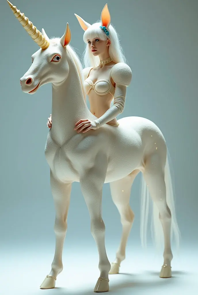 Female white horse in Star Trek attire and blond braided hair and green eyes and pink equine nose and green eyes and hyper breast