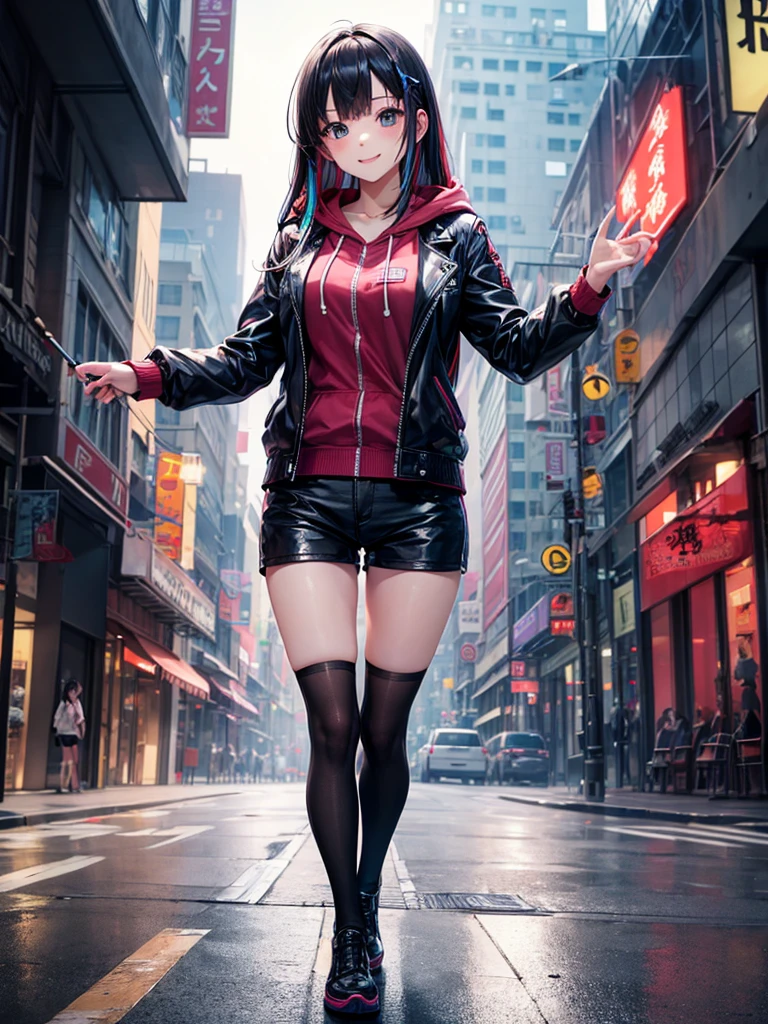 high quality, 4k, A girl ,red leather jacket, whole body, Red hair ,green eyes, duelist