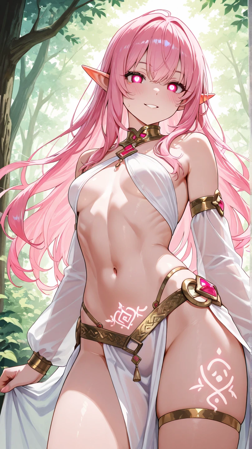 woman with long pink hair wearing a white loincloth and white bra from medieval times