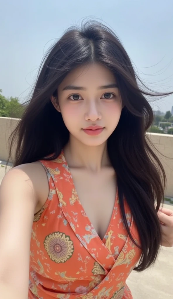 the best quality、A masterpice、photoRealstic、intricated details、Raw foto、Photon Rendering、Octane Rendering、absurdist、Ultra-detailded、detailed faces、Detailed skin、trend in ArtStation、8K masterpiece、lighting like a movie、( (1girls))、((独奏) ))、((Behold))、CG Social Trends、Plastic En、((Black Long Hair))、((a beautiful female))、(smile on face)、s summer clothes、(White Skin Skin)、Fashionable、A sexy、hair flowing in wind、((Flowing hair))、happy、fashion magazine、((lighting like a movie))、mountain hut、Ecstatic、