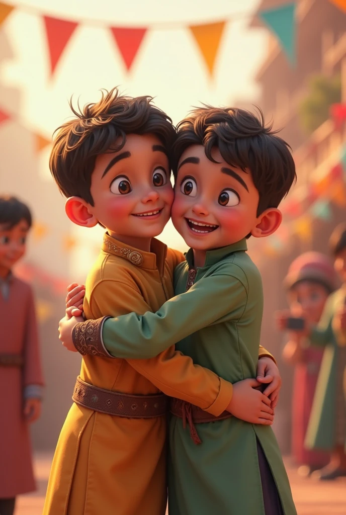 A 3D movie poster in Disney-Pixar style of Jesus as a  kid helping his friend who was with a sad face because he broke his ankle
