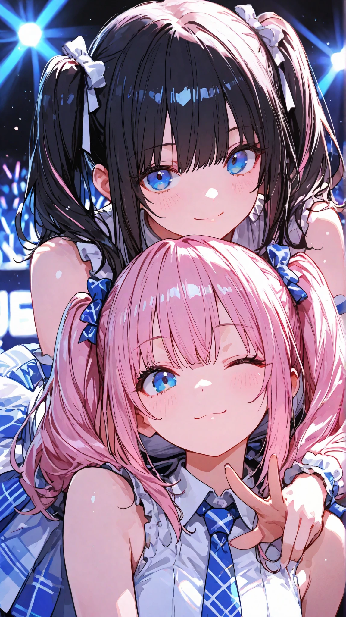 2girls,(BRAKE the first girl: twintails, pink hair,blue eyes),(BRAKE the second girl: medium hair,black hair,blue eyes),(EyesHD:1.2), masterpiece, best quality, ultra-detailed, very aesthetic, sharp focus, depth of field, vibrant colors, ray tracing, best lighting, detailed illustration, detailed background, cinematic,look at viewer, peace,idol,wink