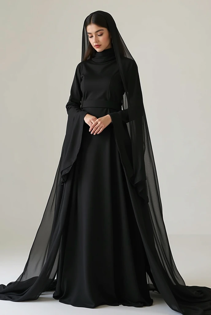 a beautiful young woman hijab, covered huge breast, perfect face, very closed long dress, covered mouth with long niqab, long veil, Slim Face, 20 years old, stil young, Pretty Lady, smile eyes, outdoor, half body, long sleeve, huge