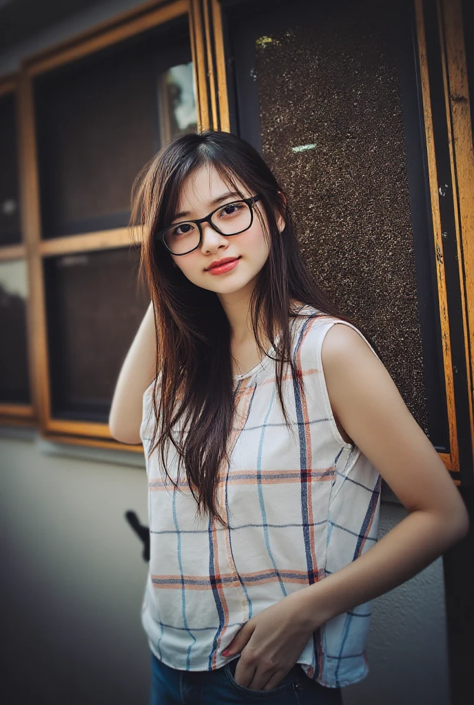 Very young female, half chinese, small slit-eyed, glasses, black hair, flawless white skin, long hair, photorealistic, best quality, hyper detailed, middle school student, beautiful woman, selfie photo, upper body, solo, wearing black clothes, smiling at bali, sunset photo, without makeup, school, looking at viewer, skin texture, film grain, close up, ultra high res, best shadow, RAW, instagram LUT