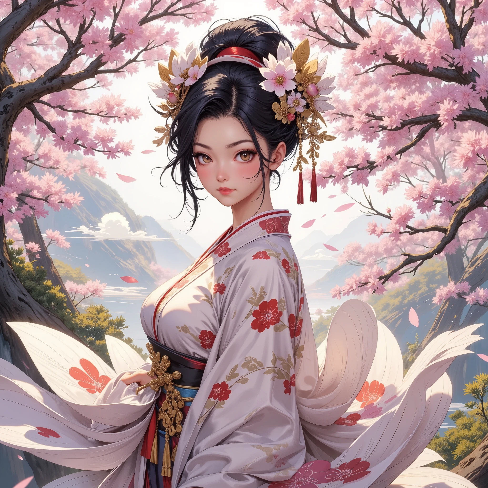 A geisha surrounded by cherry blossom branches, flying petals, traditional oriental painting style, intricate headdress with flowers, spectacular lighting, subtle details, elegant pose, a masterpiece.