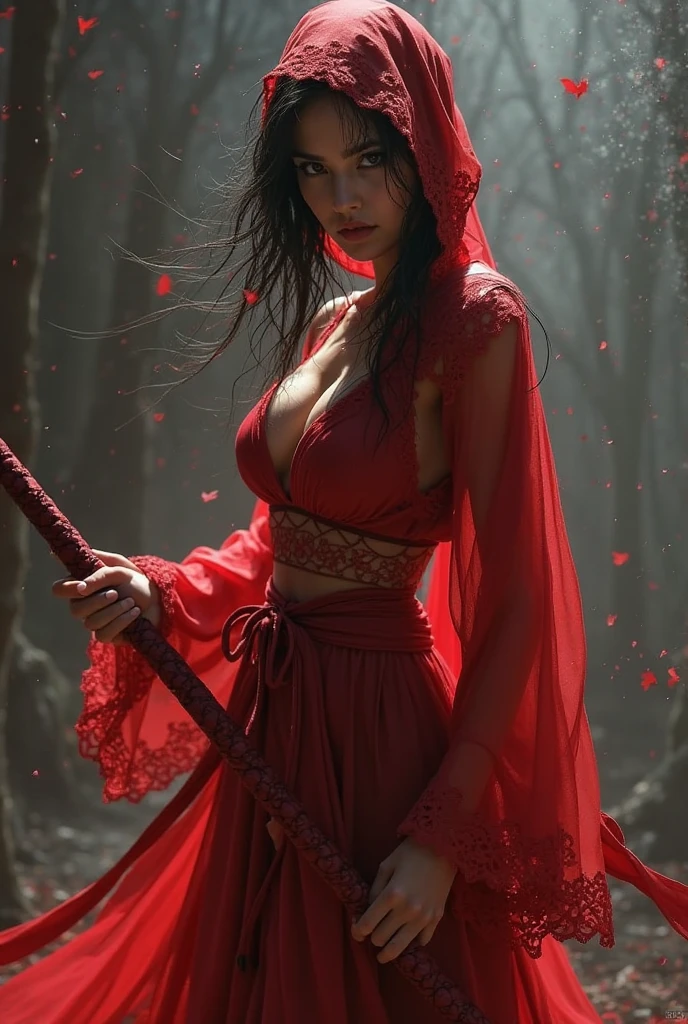 in the style of Artgerm and Adam Hughes, a sexy Little Red Riding Hood, bent over, naked, Sai pallavi, forest background, dynamic, ultra high def, 32k,