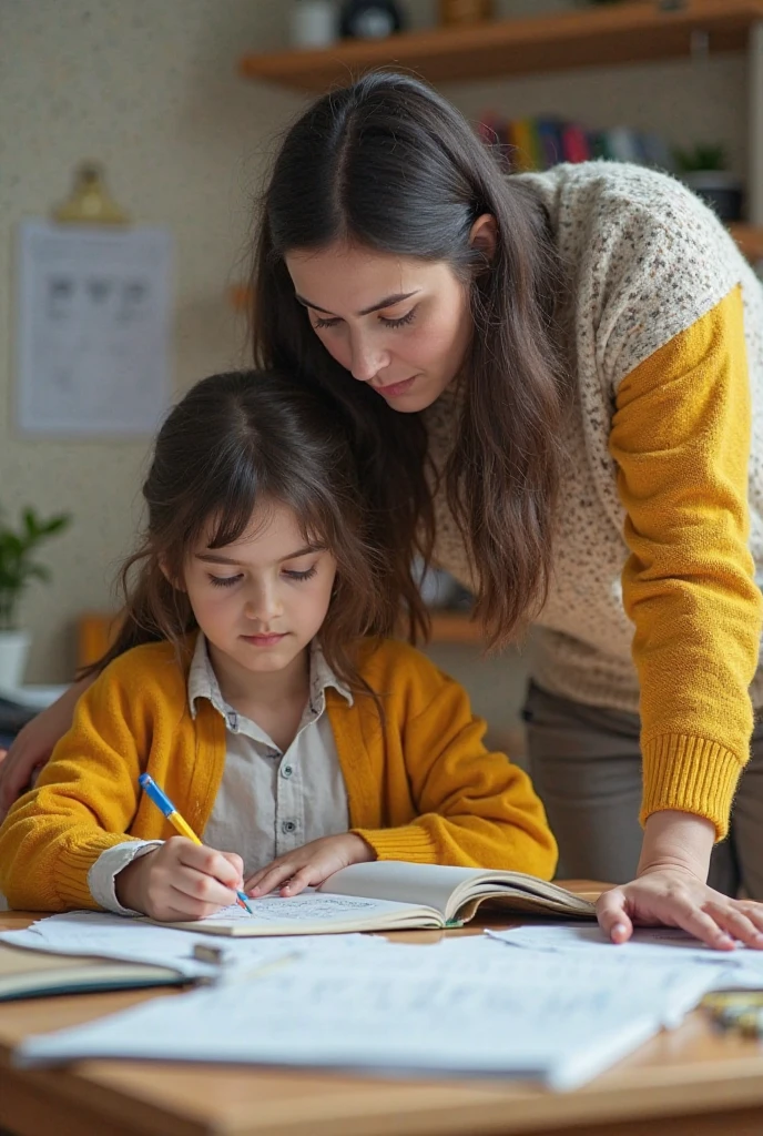 ((best quality)), ((masterpiece)), (detailed), perfect face, Design an anime drawing of a compassionate school girl helping a younger student with their homework. Her school uniform is neatly pressed, and she has a caring expression. Use a classroom or library as the backdrop to emphasize her helpful nature