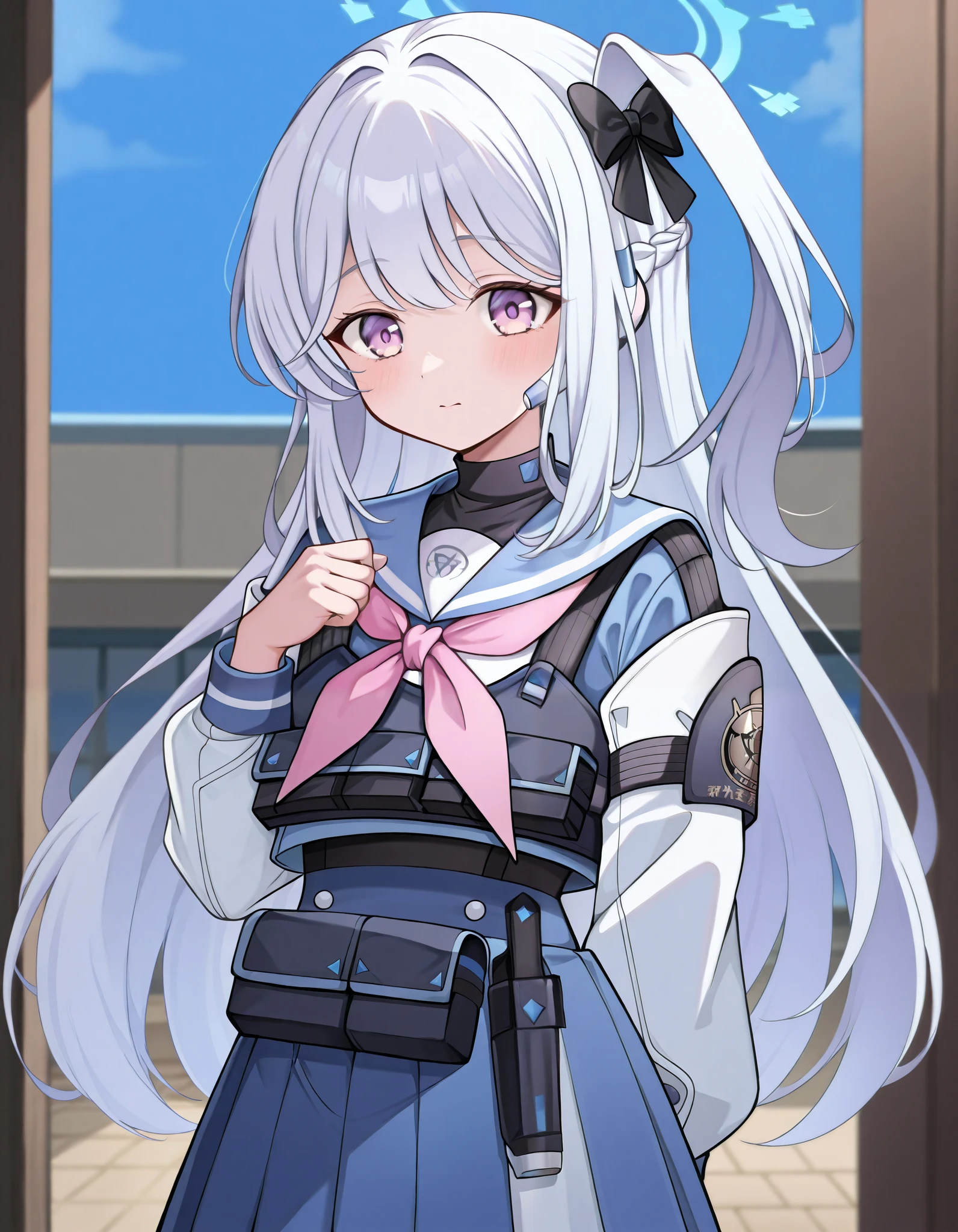 Tsukiyuki Miyako (Blue archive) White Hair, Purple Eyes, Pretty Girl, One Side Up, Black Ribbon, Pink Neckerchief, Light Blue Sailor Suit, Waistcoat, Pouch, Blue Skirt, Love, Shame, Pleated Skirt, Solo Bust Up, Blue Sky Background, Innocent Cowboy Shot