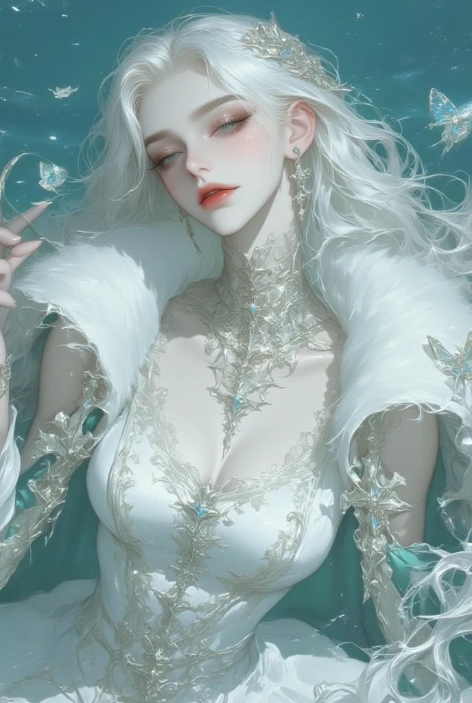 Beautiful face(1.2), face detailed, wonderful woman, elegant black dress(1.3), leather belts, medieval fantasy style(1.4), beautiful landscape, white hair(head), totally white, long hair, albino girl, milf, yellow eyes(intense color), reddish(skin body), huge breasts, giant breasts, mermaid tail(1.5), fish scales, corset. Woman under the sea, underwater stage, fish on stage, albino woman, voluptuous body, huge breasts, leather jacket, white dress underwater, long loose dress, sea lights, blush skin, fish scales(body). Closeup image.